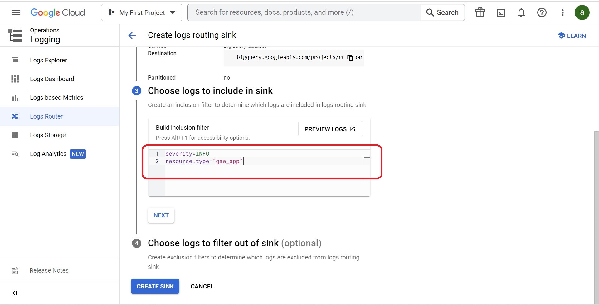 How to Export logs to Big Query (GCP)